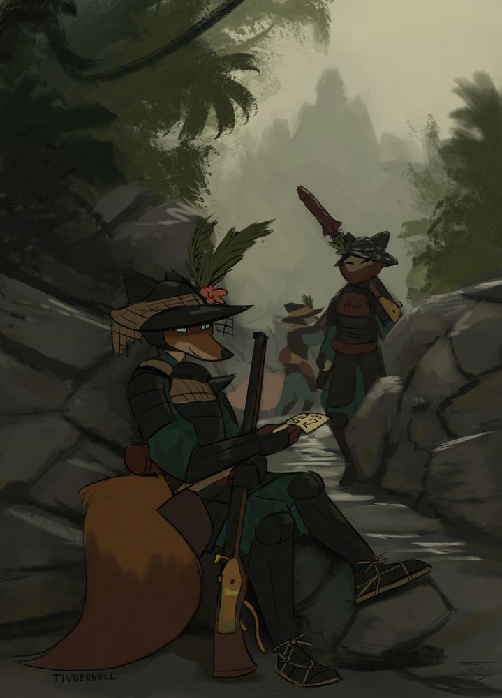 Drawing of Sorya Marines from the world of the webcomic Tinderkell. The one in the foreground is reading a letter and smiling while the others are keeping watch.