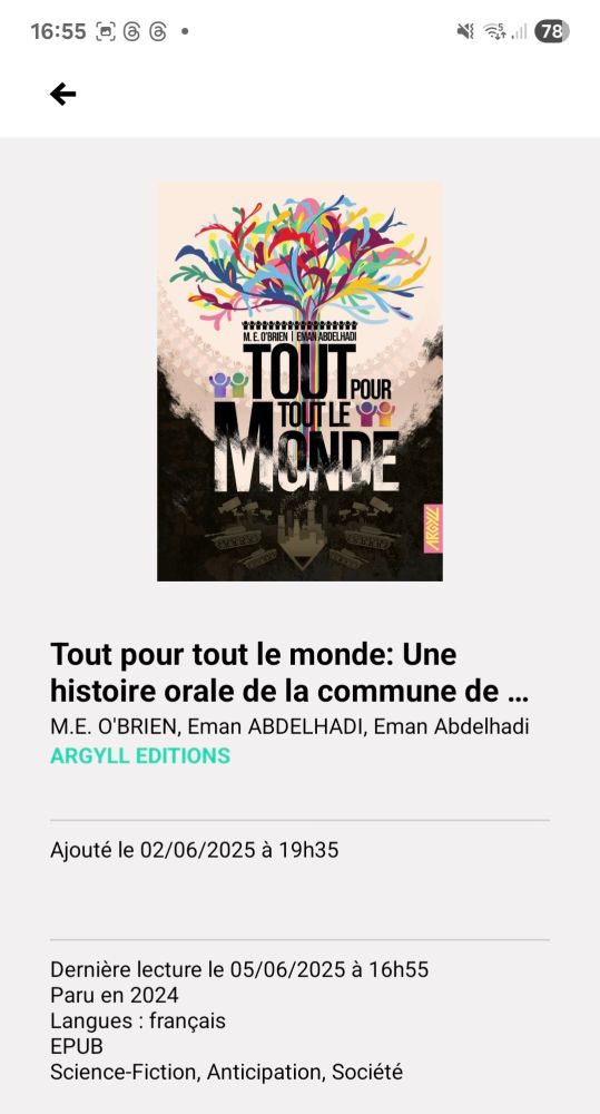 Capture d'écran de mon application de lecture avec la couverture du livre Tout pour tout le Monde dont l'illustration représente un arbre aux branches multicolore qui s'élève au dessus de représentation du monde capitaliste (usines, char de guerres) 
