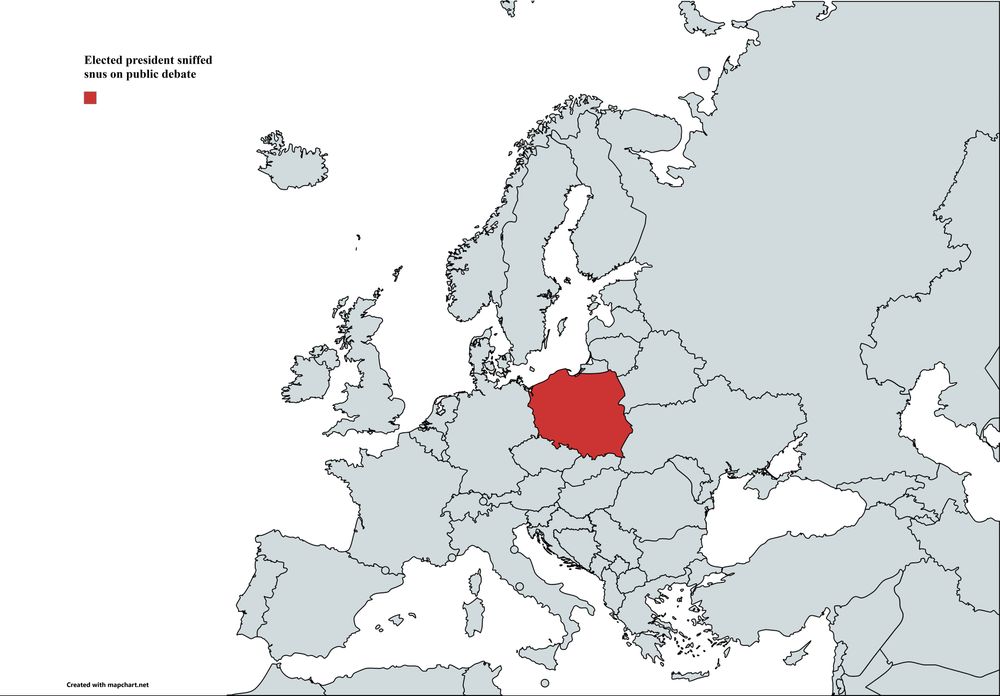 Poland is listed with red color of elected president sniffed snus on public debate.