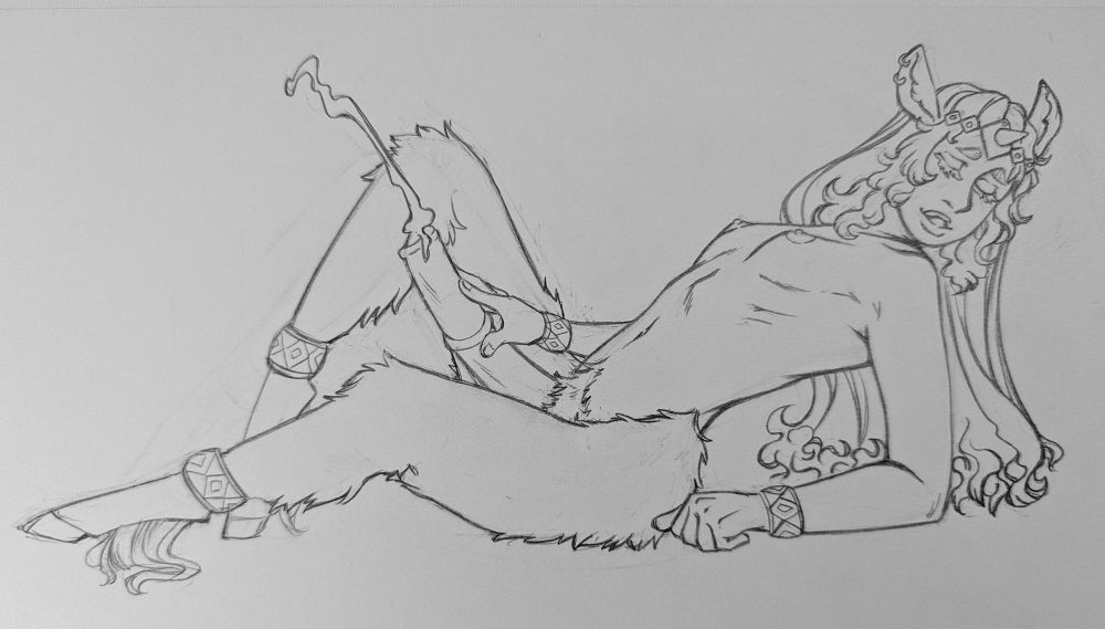 A pencil drawing of a unicorn fawn leaning back on one shoulder as they come from giving themself a handjob