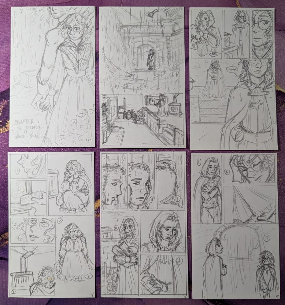 A photo of six comic pages drawn on index cards