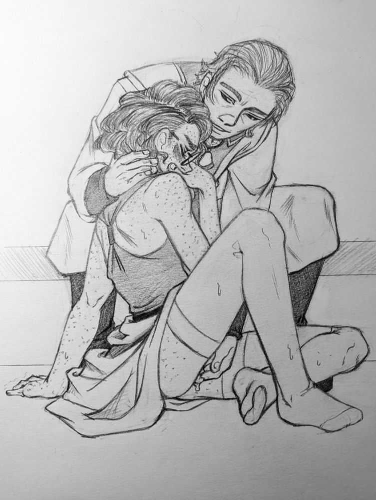 A pencil drawing of a man fingering a young woman