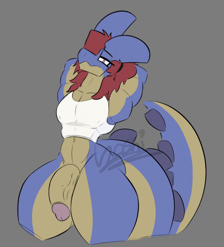 my sona, brent, drawn masculinely, with a tank top, and their cock is out