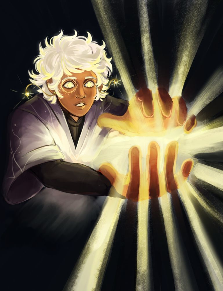 painted illustration of Uriel, a brown man with white glowy hair and glowing eyes with a glowing sigil tattoo around one eye. He’s cupping his hands in front of him with light spilling in rays around his fingers 