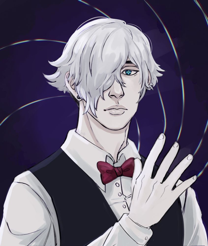 illustrated portrait of Decim from Death Parade, he’s a white haired pale guy in a bartender outfit and conjuring strings with his hand