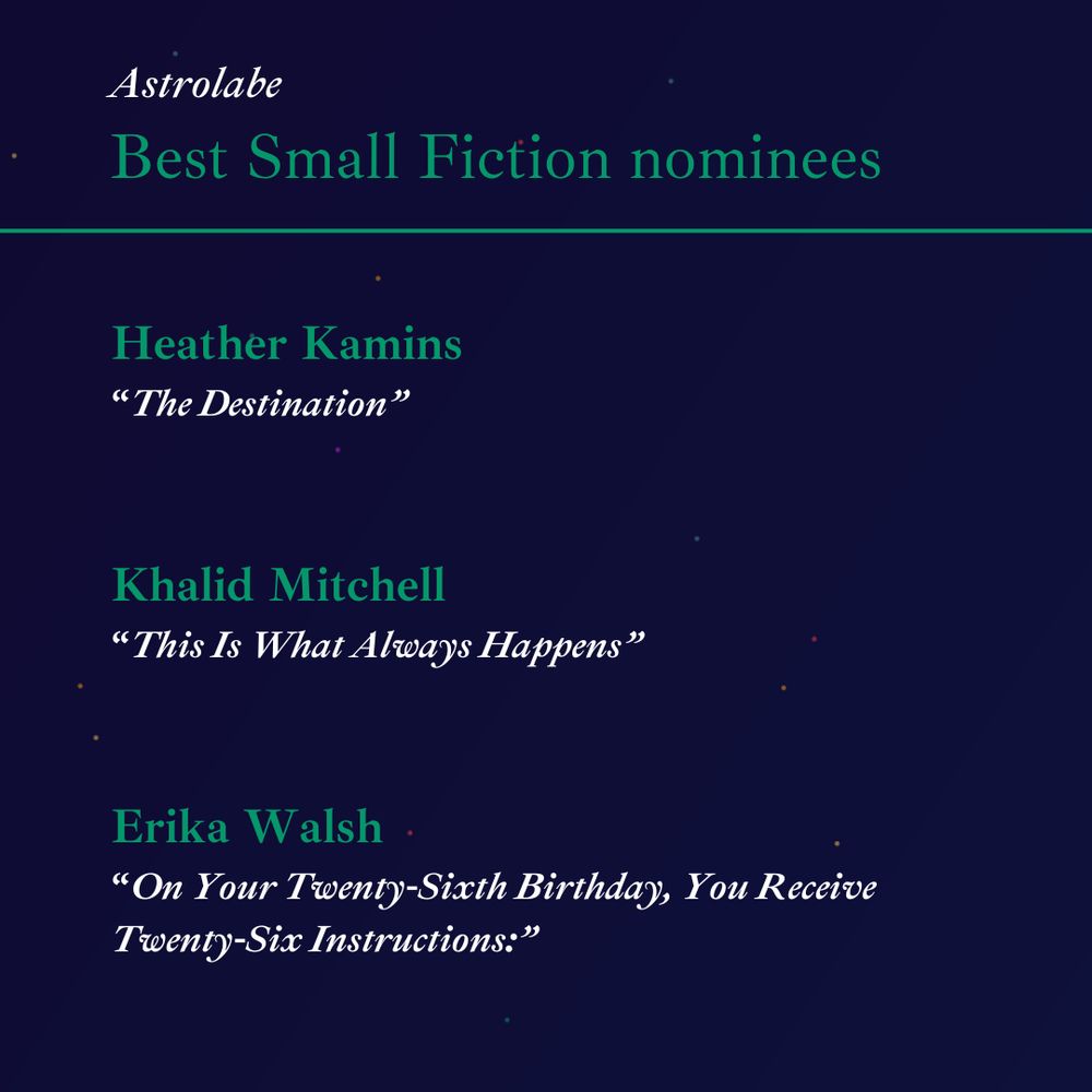 Astrolabe
Best Small Fiction nominees
---

Heather Kamins
"The Destination"

Khalid Mitchell
"This Is What Always Happens"

Erika Walsh
"On Your Twenty-Sixth Birthday, You Receive Twenty-Six Instructions"
