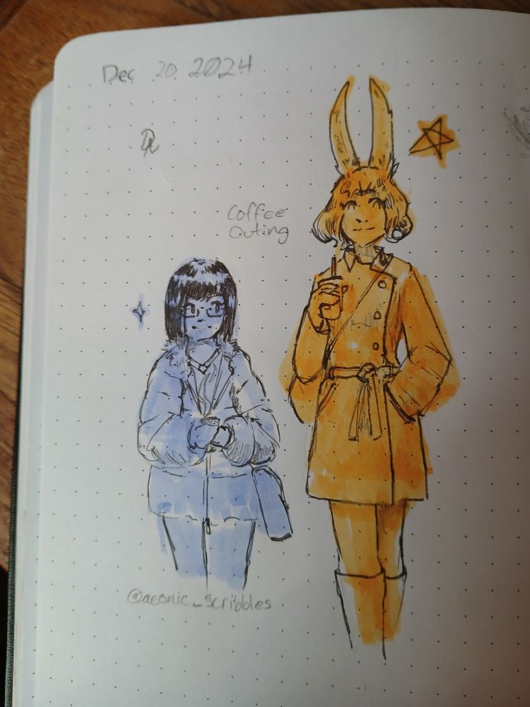 Two characters walking side by side through the cold holding cups of coffee.
Left: Shorter girl in a puffer coat wearing glasses carries a cup of warm coffee
Right: Taller girl in a long pacoat has chin-length wavy hair and tall rabbit ears, she carries a to-go cup of iced coffee with a straw.