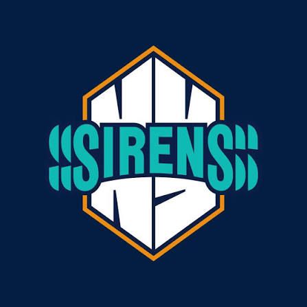 a navy blue background with sirens in an aquamarine over a white NY in block lettering. the NY has a dark orange border and the esses in sirens are partially drawn to create a visual echo effect.