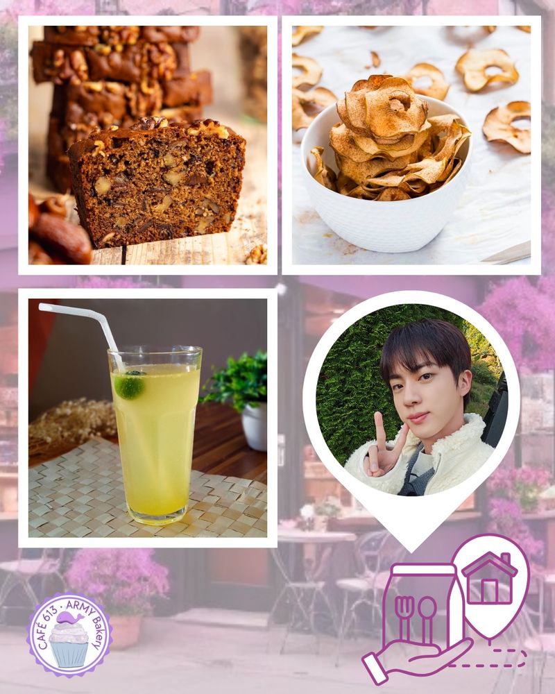 Courgette and Walnut Loaf, Cinnamon Apple Chips, Honey Calamansi Tea, Jin