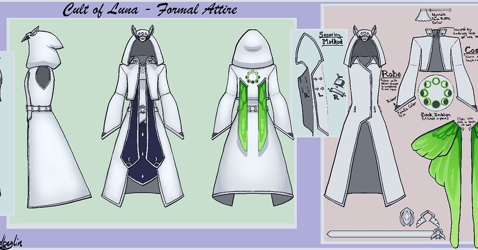Character reference sheet by @Helbeglin shows all the layers and details from all views for the Cult of Luna character's costume.