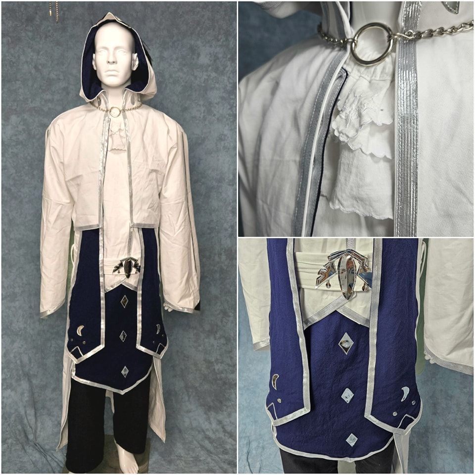Front of costume, including close up views of tabard, belt, apron style sash, metal neck chain and ring, and vintage embroidered fabric jabot.