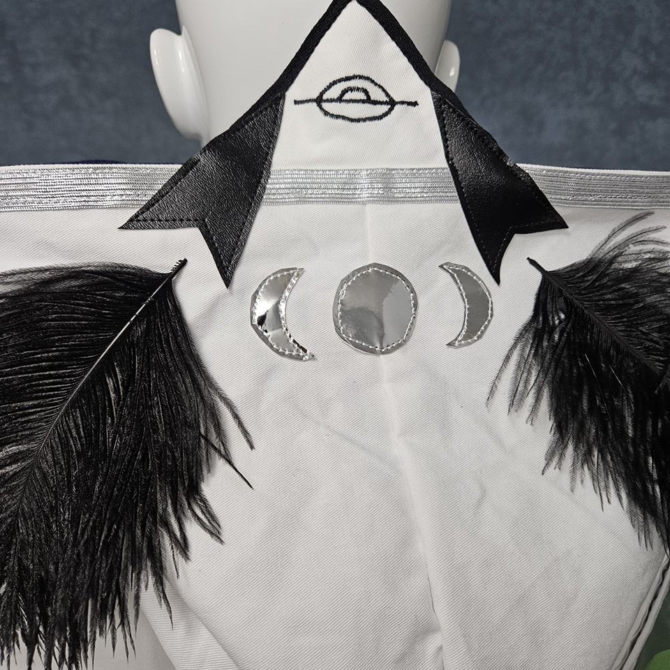 Hood detail with black and silver pleather, embroidery, and ostrich feather detailing referencing moth antennae and lunar phases.