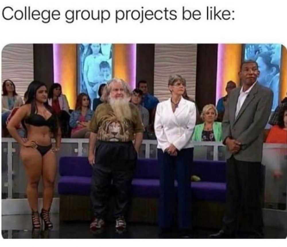 A still image from a television talk show features four people standing side by side, each with distinct appearances. From left to right: a woman in a black bikini and high heels, a man with a long white beard wearing a t-shirt with a lion design and high-waisted pants, a woman in formal attire with a white blazer and glasses, and a tall man in a gray suit. The image is captioned “College group projects be like,” humorously implying the randomness and diversity often seen in group project members.