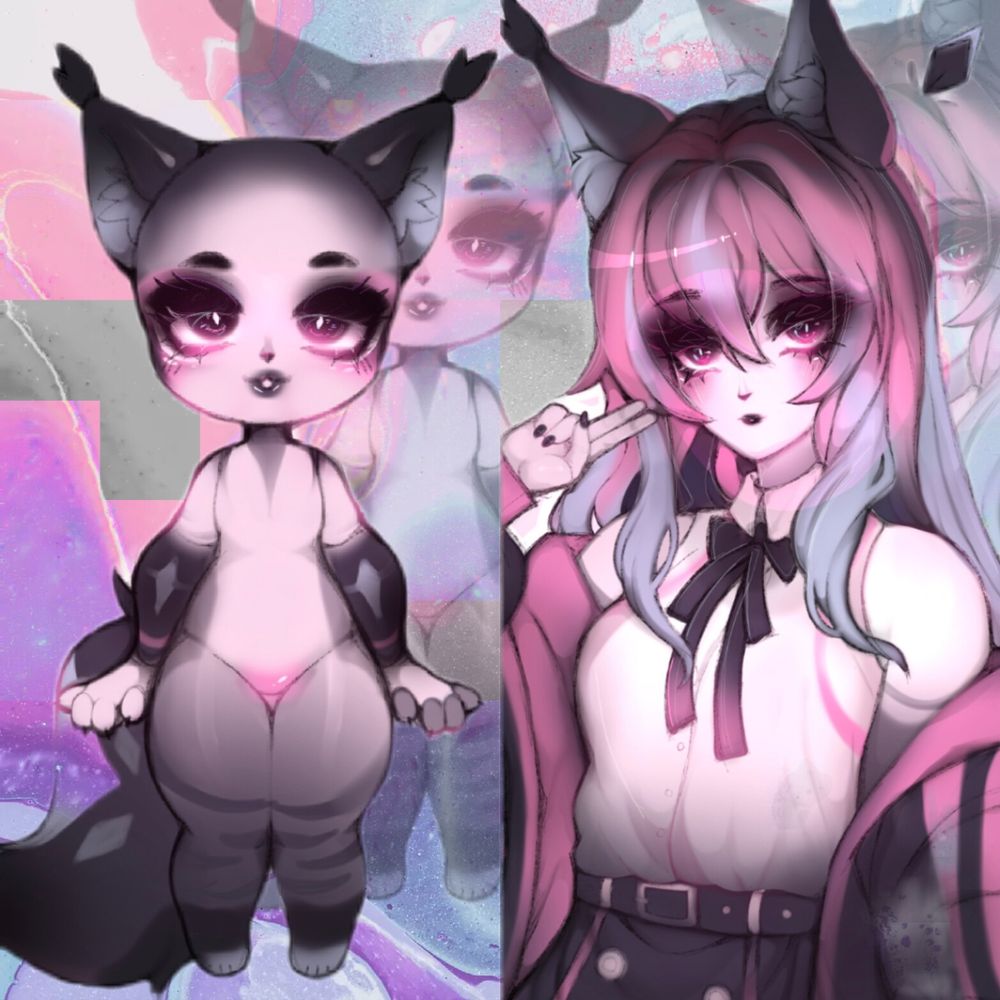A photo of a chibi anthro cat version of Yumii on the left, & her original design on the right. Dark large cat ears, pink into purple ombre hair, darkened eyes with a magenta hue.