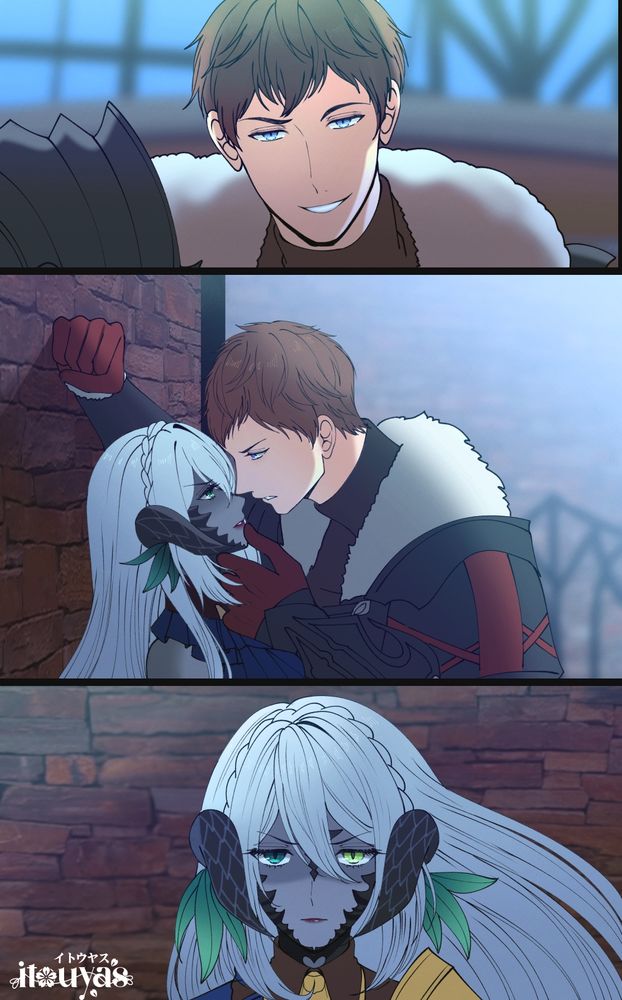 art by aya of elidibert kabedonning my wol daughter and she's glaring at him. it's supposed to depict a confrontation they have in 5.2 after elidibus possessed ardbert's body.