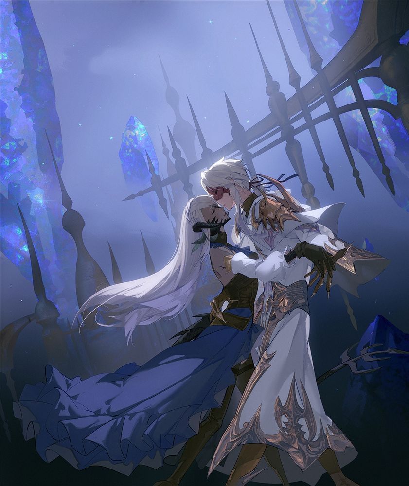 artwork by LLiusn of my wol daughter and elidibus dancing on the top of the crystal tower where they fought in patch 5.3