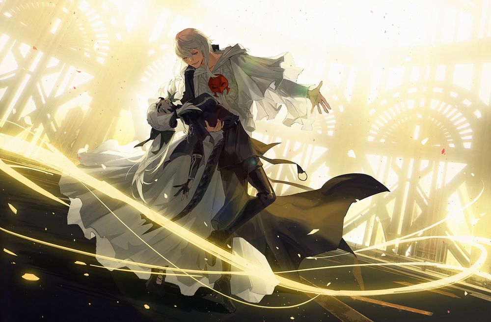 artwork by LLiusn of my wol daughter and themis dancing in the chamber of the convocation where they fought in 6.4