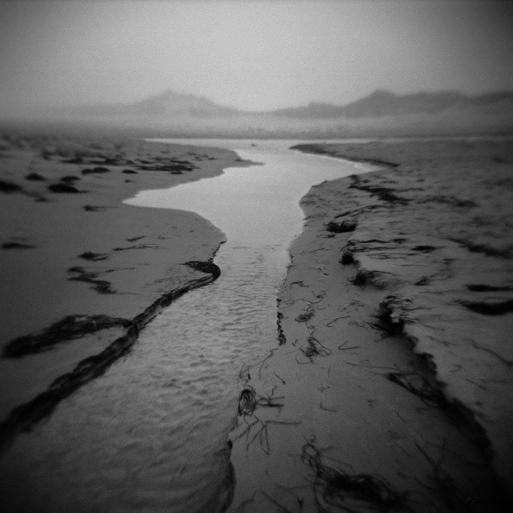 Black and white square photo. A stream from a tidal pond runs through the middle of the frame. There's a calm, but slightly ominous feel from the morning's dense fog, which obscures the distant dunes.
