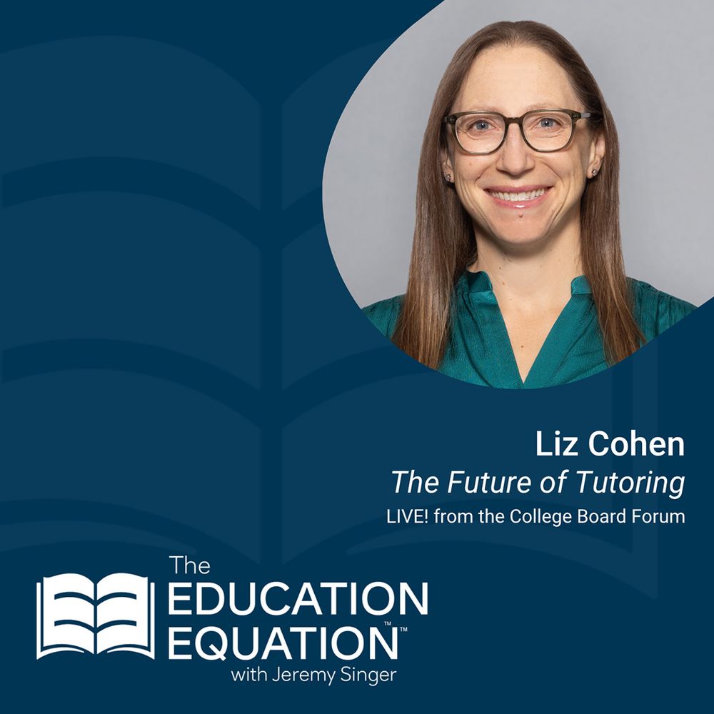 Blue background with photo of Liz Cohen, author of The Future of Tutoring.