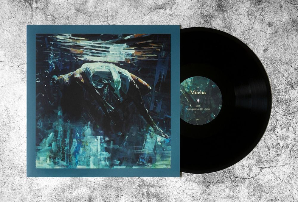 Record and sleeve with music by Amanda Butterworth aka Mücha and artwork by Argentine artist Marco Ortolan. The artwork depicts a woman floating just beneath the surface of some water. The colours are blues and greys of different hues.