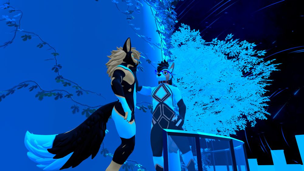 An anthropomorphic Shetland Sheep Dog receiving head pats from his significant other, an Australian Shepherd in a VRChat world.  