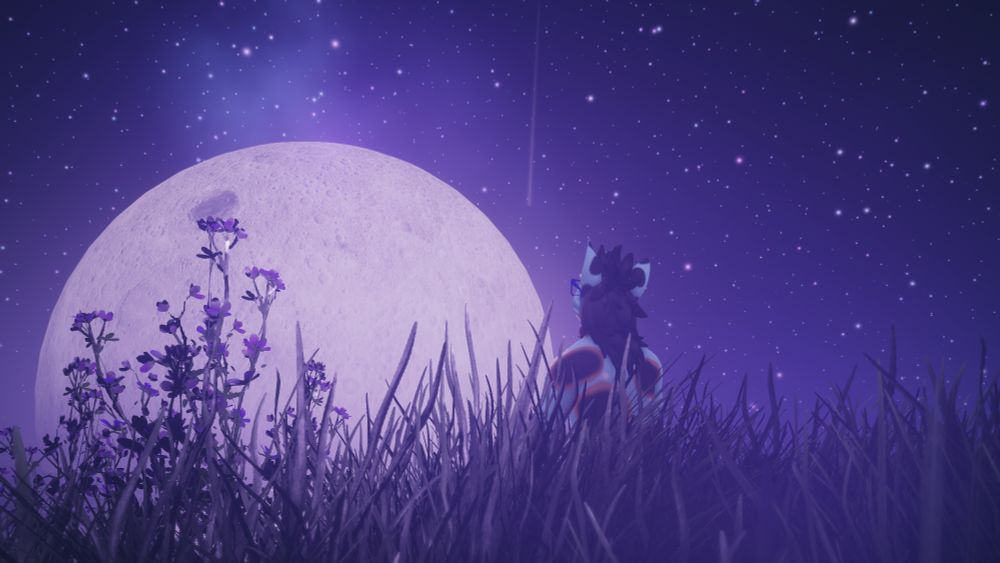 An anthropromoric Australian Shepherd sitting under a night sky full of stars, pondering and waiting for his partner to come join him. 