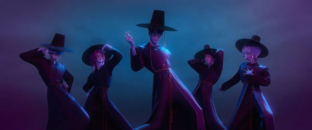 five boys in k-pop poses in historical korean hanbok style outfit and hat, styled in a Korean reaper