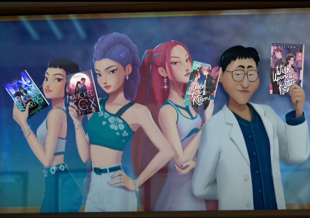Huntrix and Healer Han from KPOP DEMON HUNTERS holding books by author Kat Cho. Including WICKED FOX, VICIOUS SPIRITS, ONCE UPON A K-PROM, and WISH UPON A K-STAR 