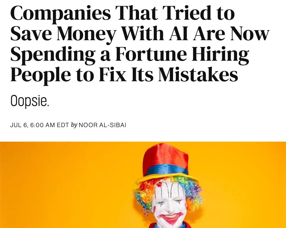 companies that tried to save money with AI are not spending a fortune hirign people to fix its mistakes

oopsies

Jul 6 6:00 AM EDT by Noor Al-Sibai