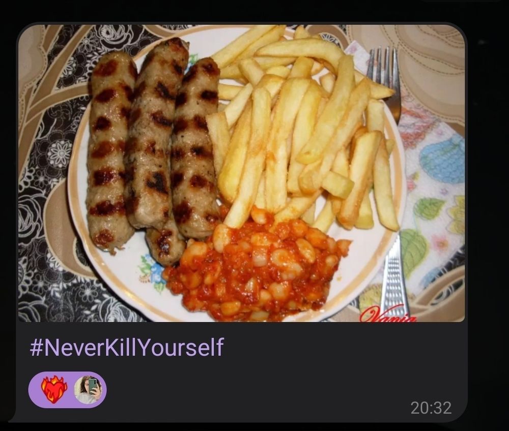 Screenshot of a text message of a pictured meal with the hashtag #NeverKillYourself