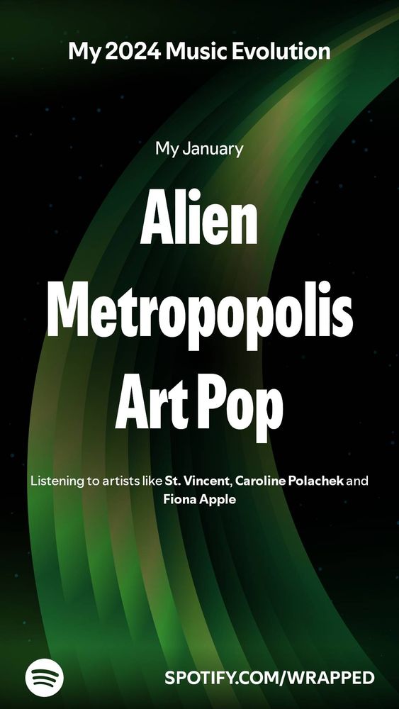 Screenshot of spotify wrapped with text "my January, alien metropolis art pop. Listening to artists like st vincent, caroline polachek, Fiona apple"