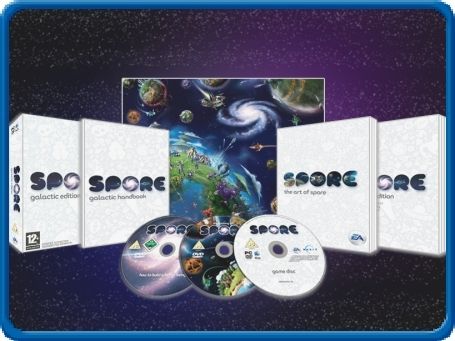 Spore galactic edition, the full game, an art book, two documentary DVDs, and a poster