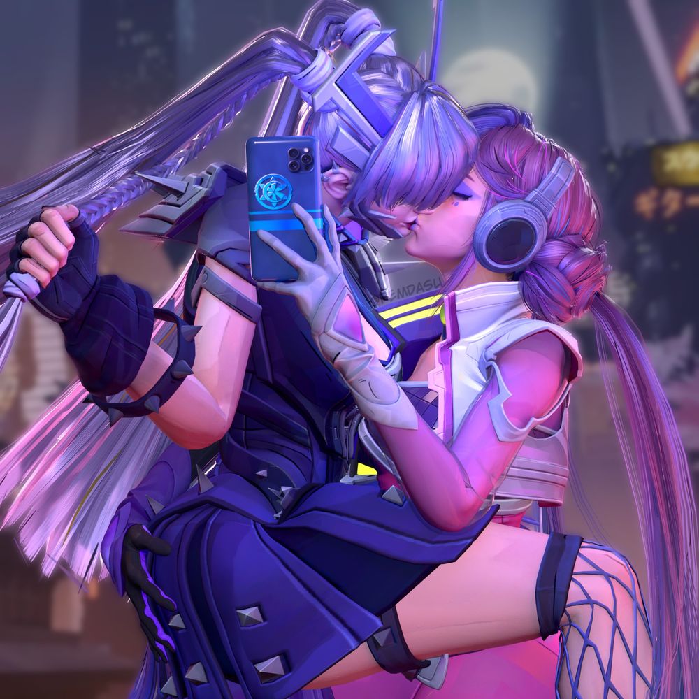 Fan art of the characters "Magik" and "Luna Snow" from Marvel Rivals kissing, referencing a picture where there is two girls kissing