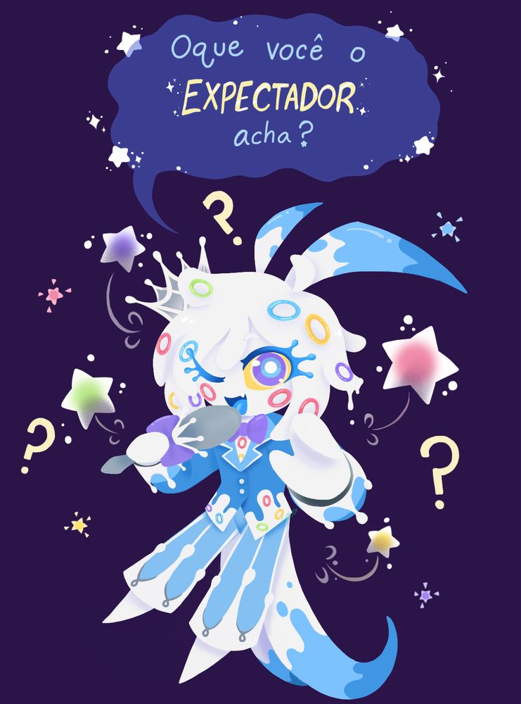 Deciferin’s character holding a spoon mic saying in Portuguese, “Oque você o EXPECTADOR acha?” Which should mean in English, “What do you the VIEWER think?”