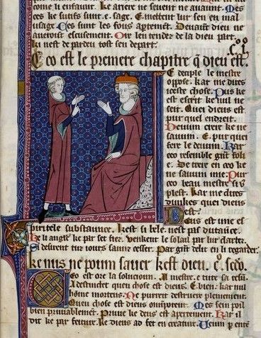 Medieval manuscript page with a Gothic script and an illustration of a crowned figure seated, receiving instruction from a standing cleric. Decorative borders and patterned background complete the scene