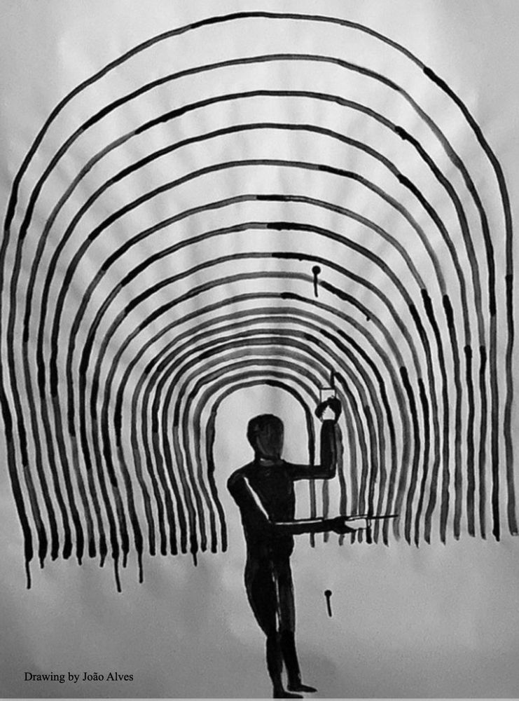 Black-and-white drawing of a silhouetted figure holding a communication device, standing below an arch made of concentric, uneven lines forming ink drops at where the lines finish. Signed "Drawing by João Alves."