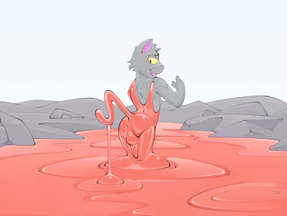 A cat half transformed in a goop pit, looking at his changing ass and cock