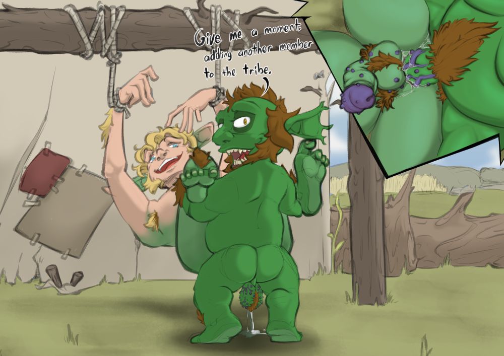 Goblin thrusting into a tied up human, slowly turning him into a goblin with a close-up shot in the corner 