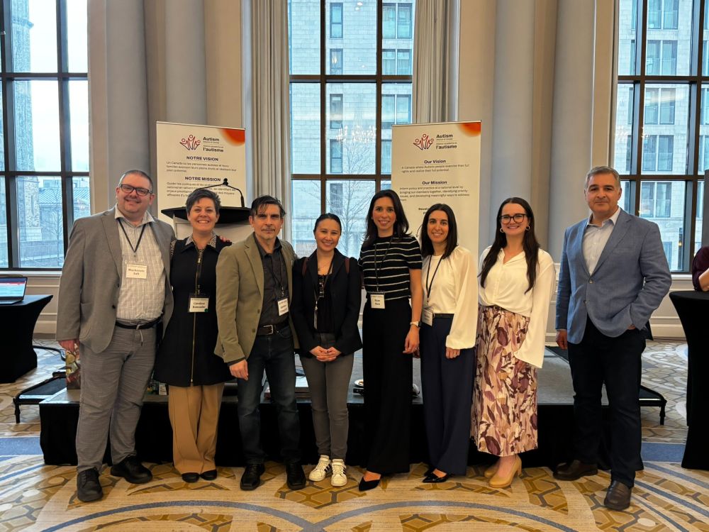 MacART members and colleagues stand for a group photo at the Canadian Autism Leadership Summit. From left to right: Dr. Mackenzie Salt, Dr. Caroline Roncadin, Dr. Amedeo D'Angiulli, Dr. Vivian Lee, Dr. Elyse Rosa, Alessia Greco, Renee Baysarowich, and Dr. Stelios Georgiades.
