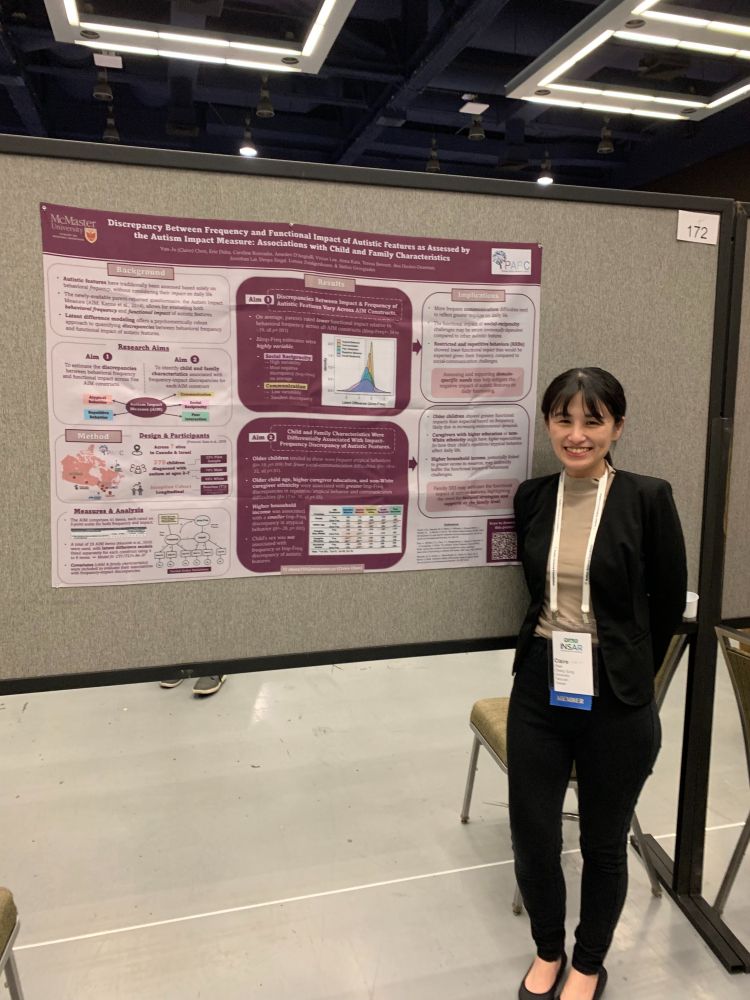 MacART member Dr. Yun-Ju (Claire) Chen stands and smiles next to her poster titled, "Discrepancy between Frequency and Functional Impact of Autistic Features As Assessed By the Autism Impact Measure: Associations with Child and Family Characteristics". 