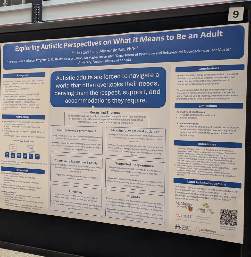 A poster titled, "Exploring Autistic Perspectives on What it Means to Be an Adult", involving student Katie Stock and MacART member Dr. Mackenzie Salt.