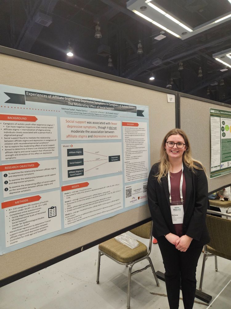 MacART colleague and PARC Study Kingston site Research Coordinator Melissa Susko smiles and stands next to her poster titled, "Experiences of Affiliate Stigma and Depressive Symptoms in Caregivers of Autistic Children: The Moderating Effect of Social Support".