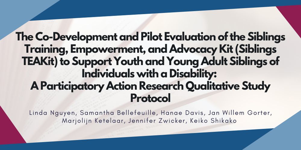 The study title reads, "The co-development and pilot evaluation of the Siblings Training, Empowerment, and Advocacy Kit (Siblings TEAKit) to support youth and young adult siblings of individuals with a disability: a participatory action research qualitative study protocol". The study authors include Linda Nguyen, Samantha Bellefeuille, Hanae Davis, Jan Willem Gorter, Marjolijn Ketelaar, Jennifer Zwicker, and Keiko Shikako.