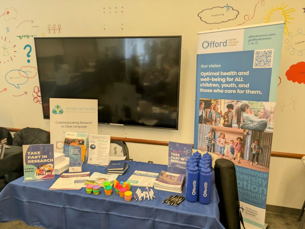 An Offord Centre for Child Studies table setup with props and brochures of various projects happening at the Centre.
