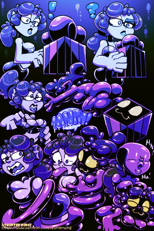 WagglingMermaid's original character mermaid, Rae, stumbles upon a boxed present. 

Upon opening it, she is attacked by the gooey darkling Nabby. 
Nabby binds her with goo tentacles, stuffs her mouth with a tentacle gag, and encases her in gooey latex. 

Upon confirming Rae can no longer move or escape her grasp, Nabby settles in her new Raeberdoll's lap, having nabbed Rae's glasses for good measure.