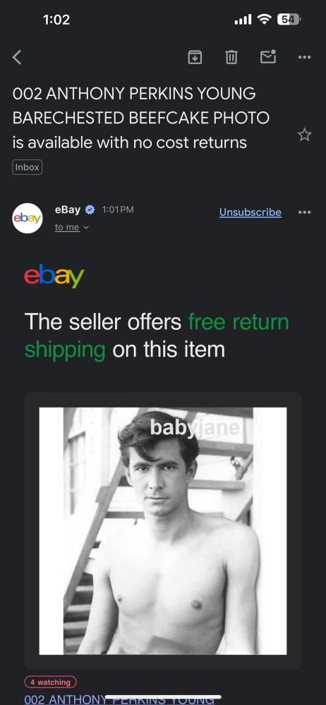 email from ebay saying “the seller offers free return shipping on this item” the item is a shirtless black and white photo of anthony perkins