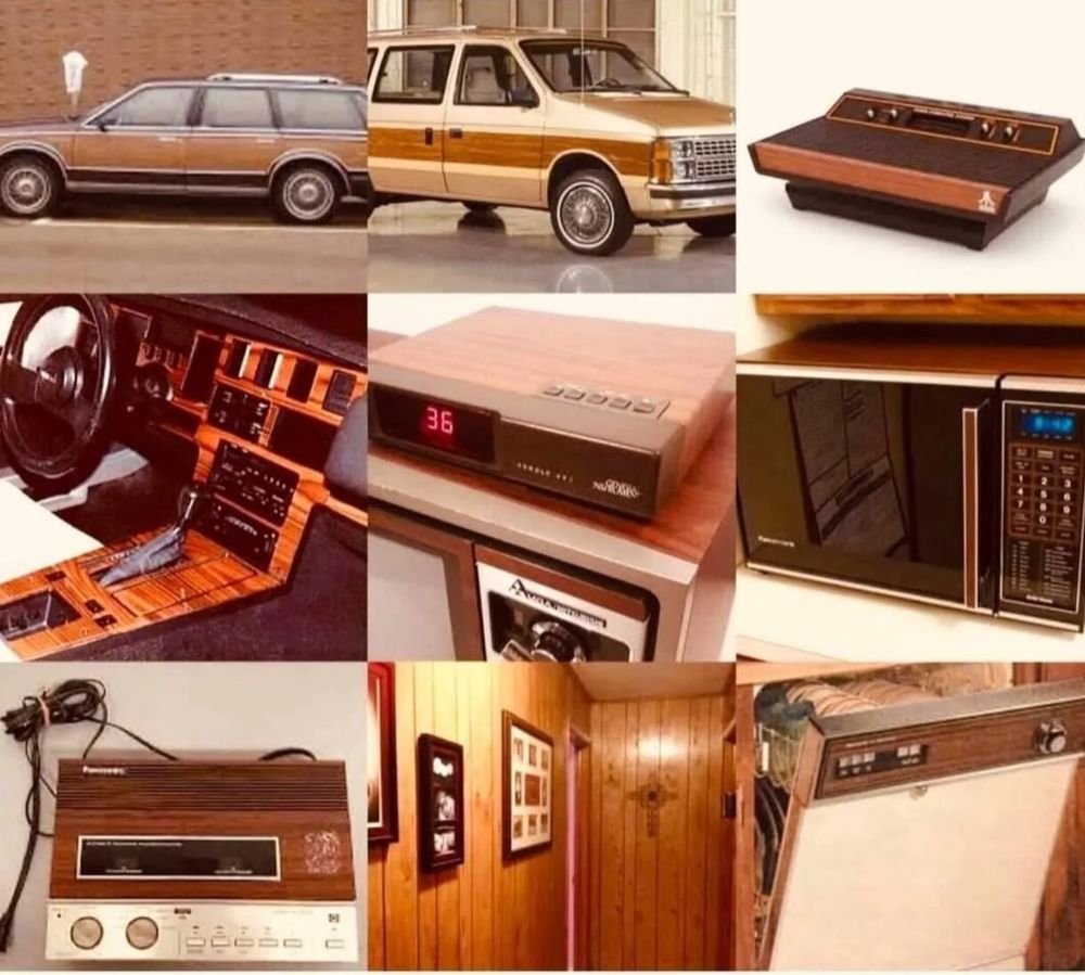 Collage of different items such as a dishwasher, cars, and electronics, all with a 70s-ish woodgrain design