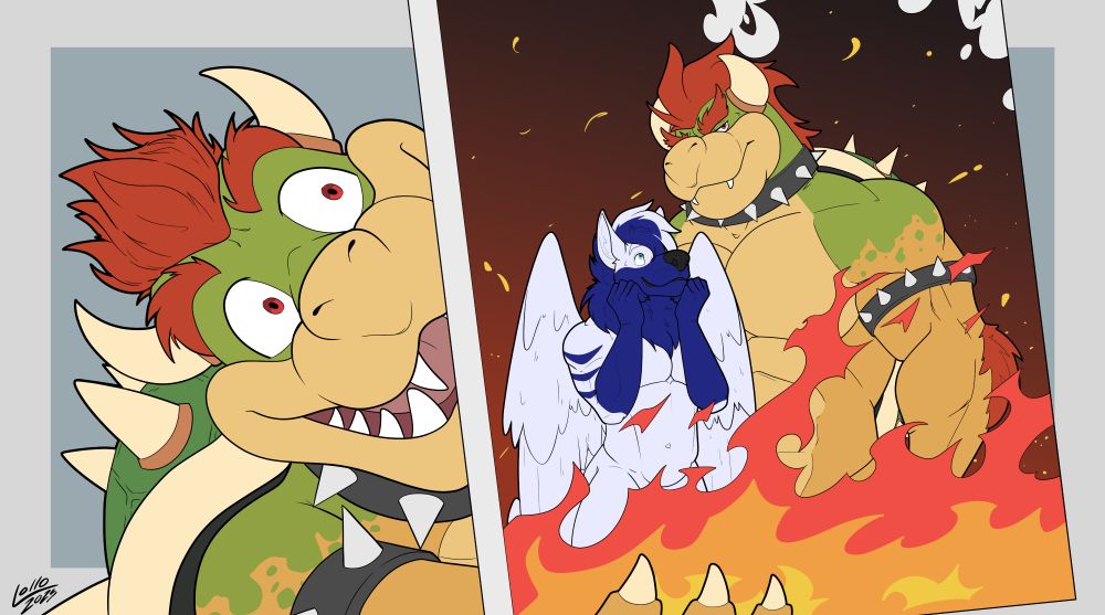 An artpiece depicting a scene from the 'Super Mario Galaxy Movie' Trailer, where Bowser is presenting a 'masterpiece' of artwork he has done. Instead of him and Princess Peach, the other person in said artpiece is Silvex, a winged husky, gazing up lovingly at the Koopa King.