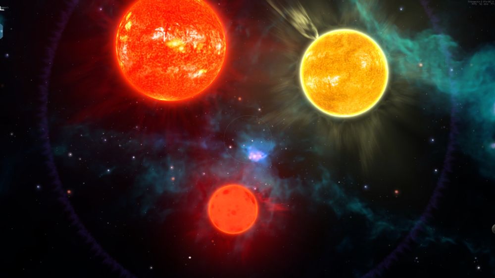 starsector trinary system, a red giant, yellow star and red dwarf in close proximity, ringed together by a magnetic aurora