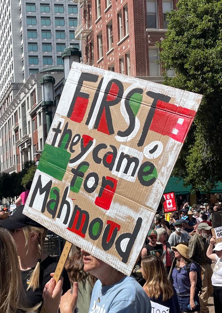 sign reading "First they came for Mahmoud" in the colors of the Palestinian flag